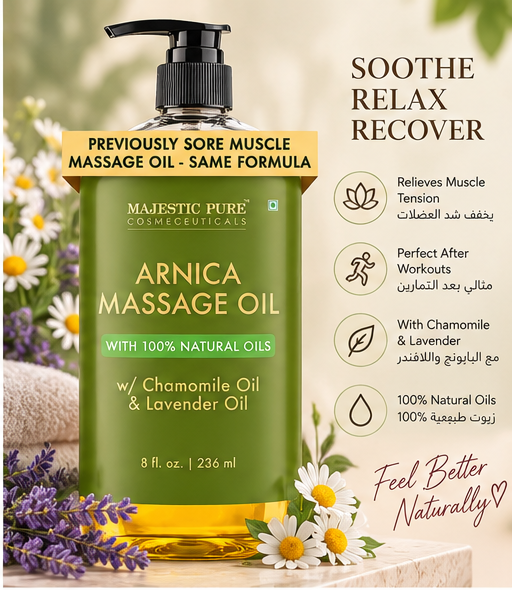 Majestic Pure Arnica Massage Oil with Chamomile & Lavender – 236 ml