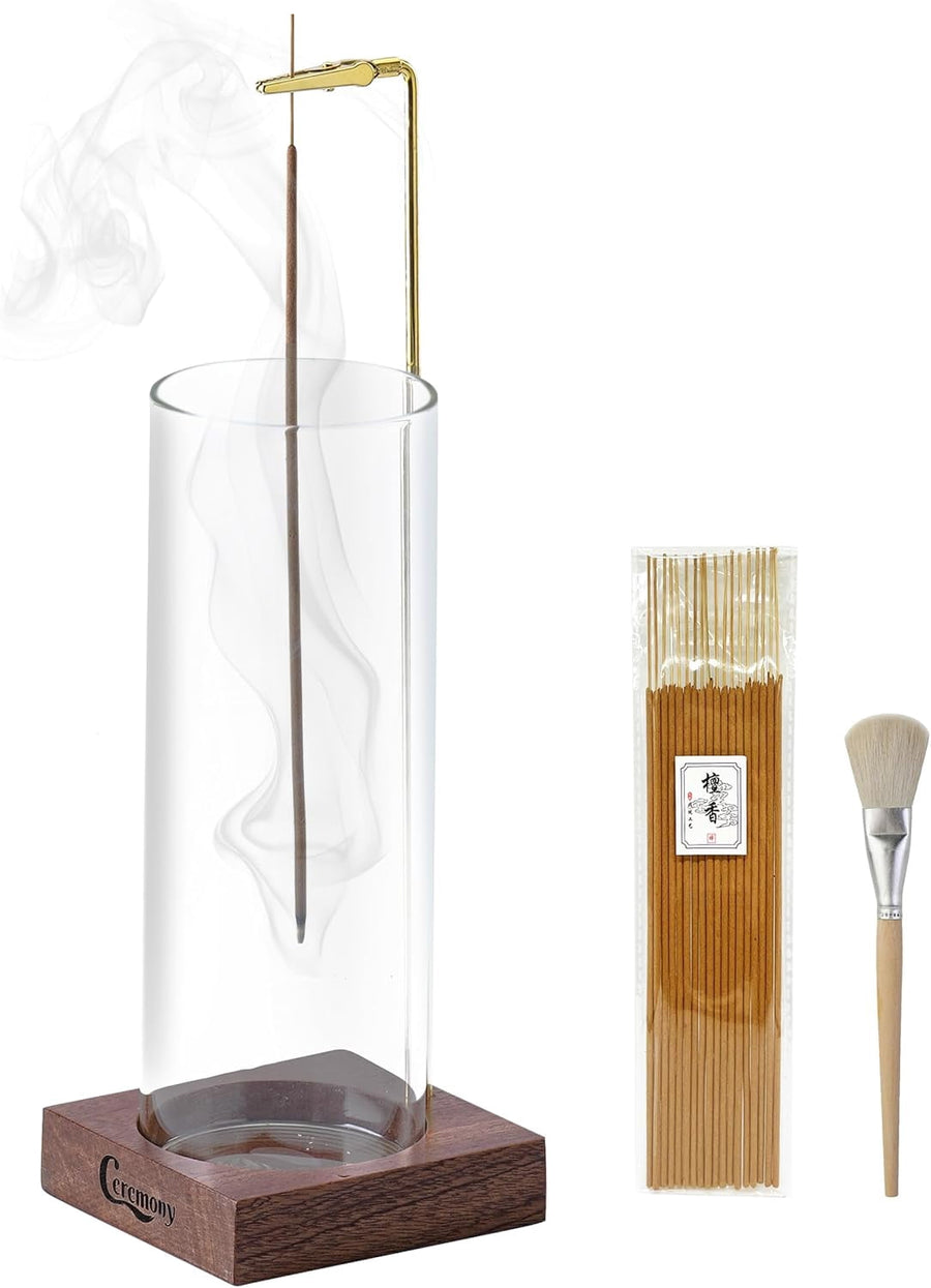 Huazzzy Incense Stick Holder with Ash Catcher – Wood & Glass