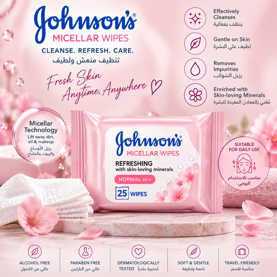 Johnson’s Micellar Wipes Refreshing for Normal Skin – 25 Wipes