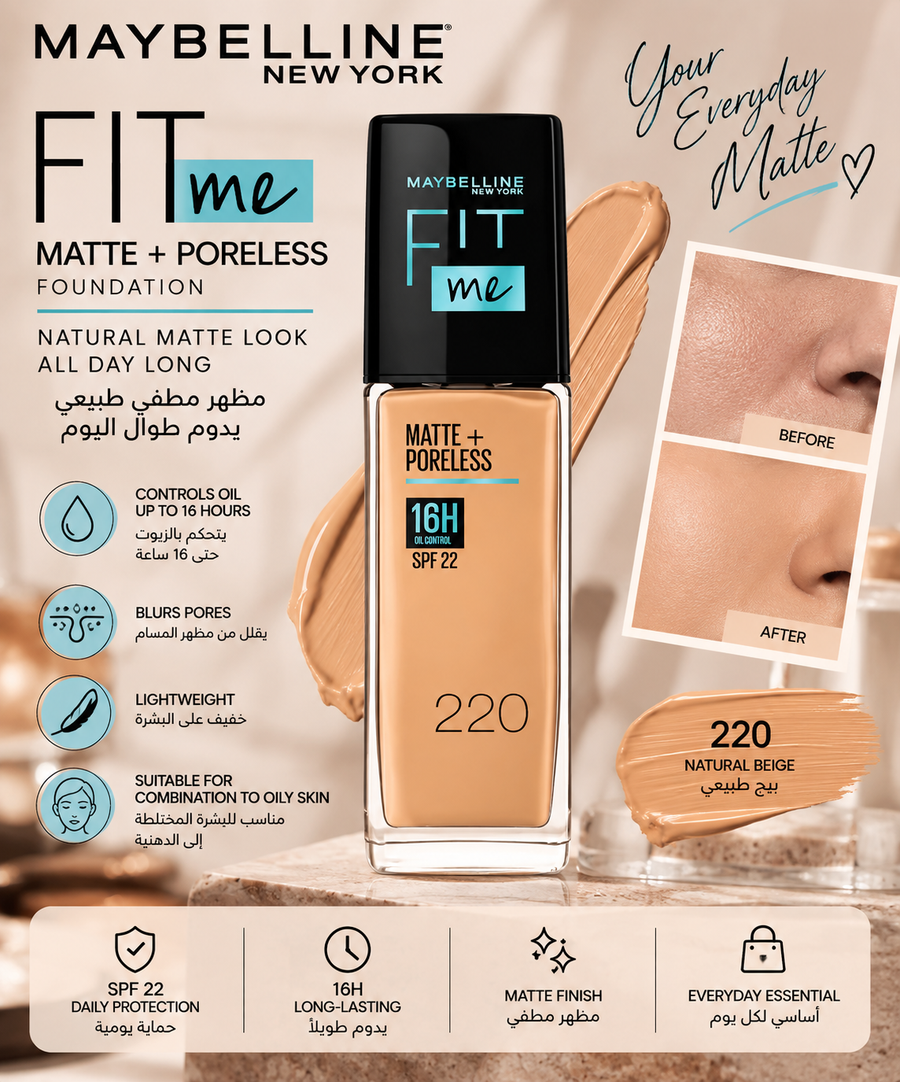 Maybelline Fit Me Matte + Poreless Foundation SPF 22 – Shade 220